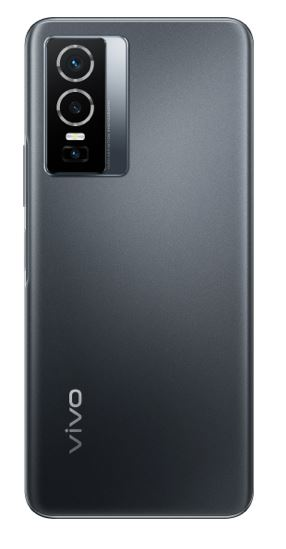 Die Rückseite eines dunkelgrauen Telefons, die drei Kameralinsen in einem rechteckigen schwarzen Modul zeigt.