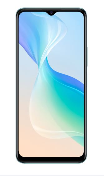 Smartphone mit abstraktem blau-weißem Wellenhintergrund auf dem Bildschirm.