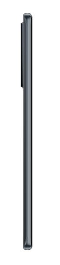 Ein schlankes, graues Smartphone von der Seite betrachtet, das sein schlankes Profil und die Kamera zeigt.