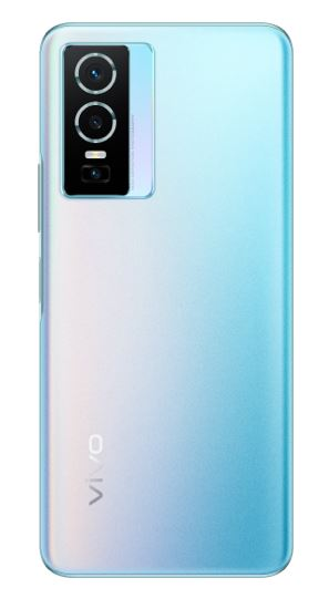 Ein blaues Smartphone mit drei Kameralinsen.