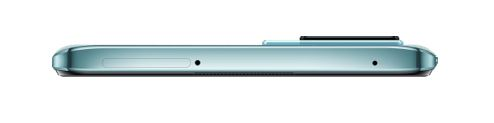 Seitenansicht eines hellblauen Smartphones, das den Rand zeigt.