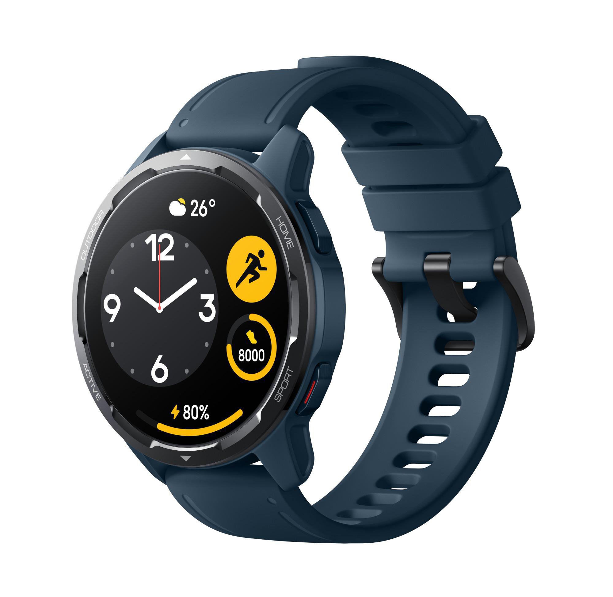 Blaue Smartwatch mit schwarzem Bildschirm und blauem Armband.