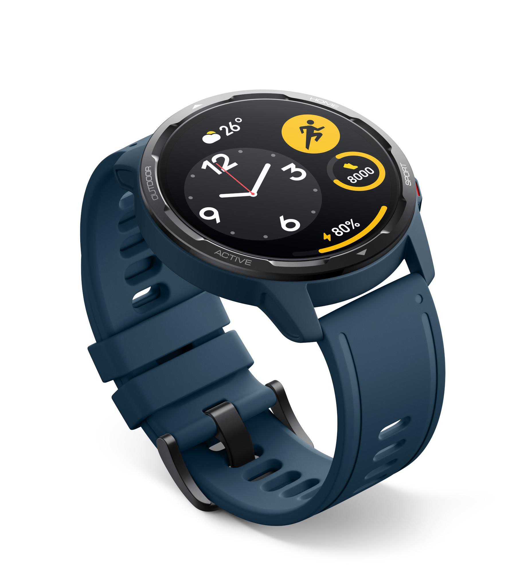 Smartwatch mit blauem Armband. Zeigt Zeit, Aktivitätsdaten und Akkustand.