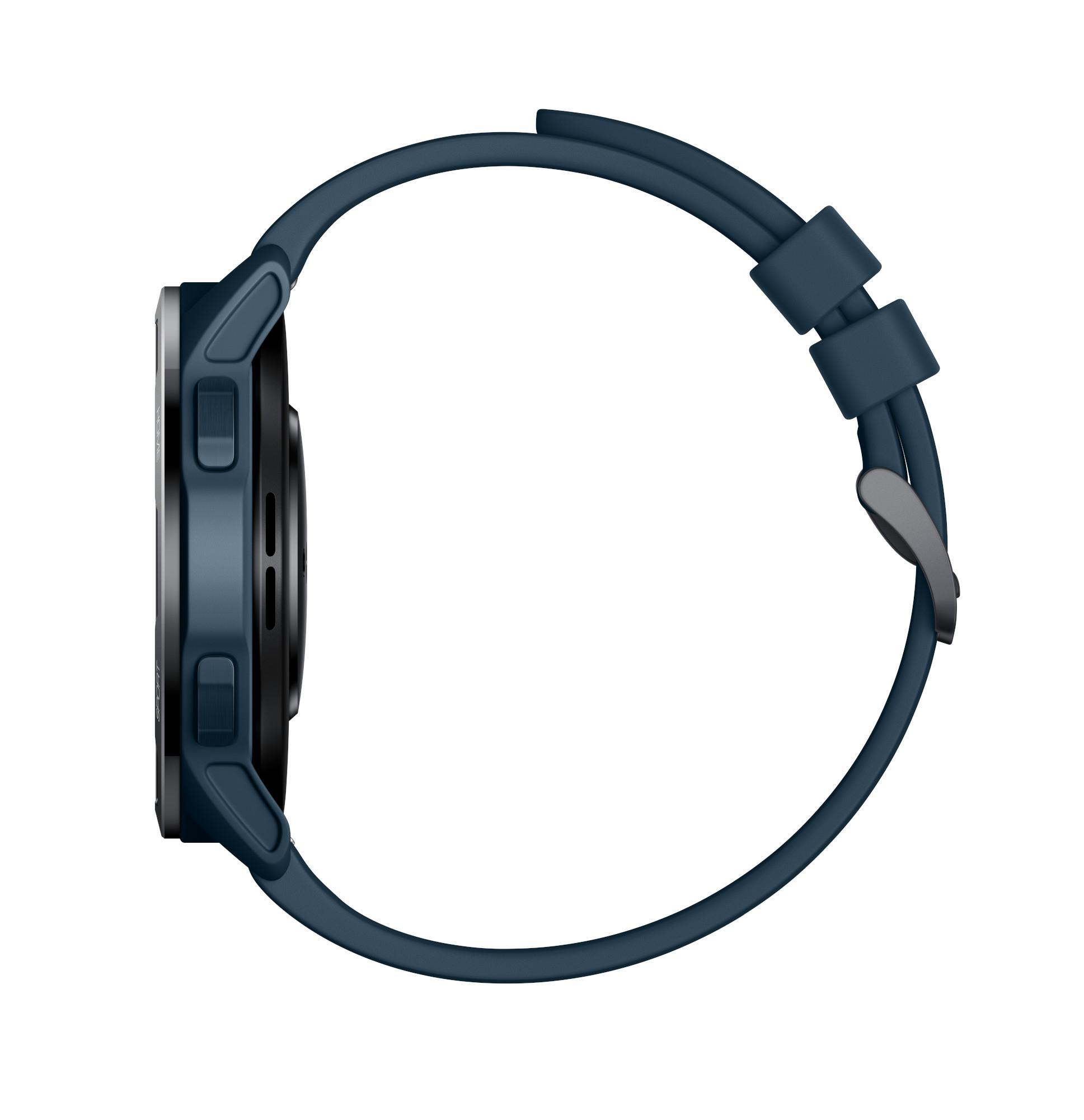 Seitenansicht einer blauen Smartwatch mit dunklem Bildschirm und Armband.