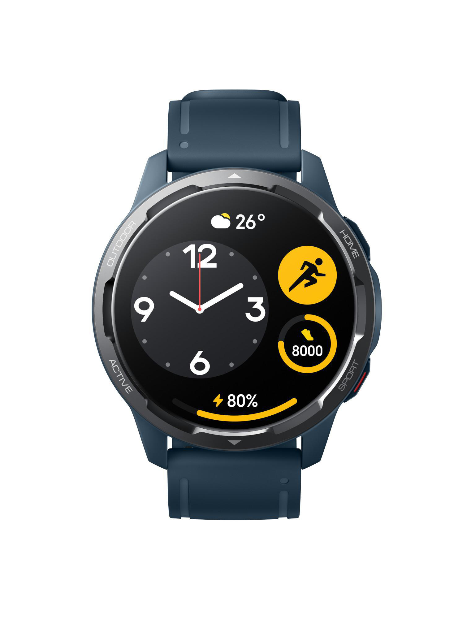 Dunkelblaue Smartwatch mit rundem Display, das Zeit, Wetter und Aktivitätsstatistiken anzeigt.