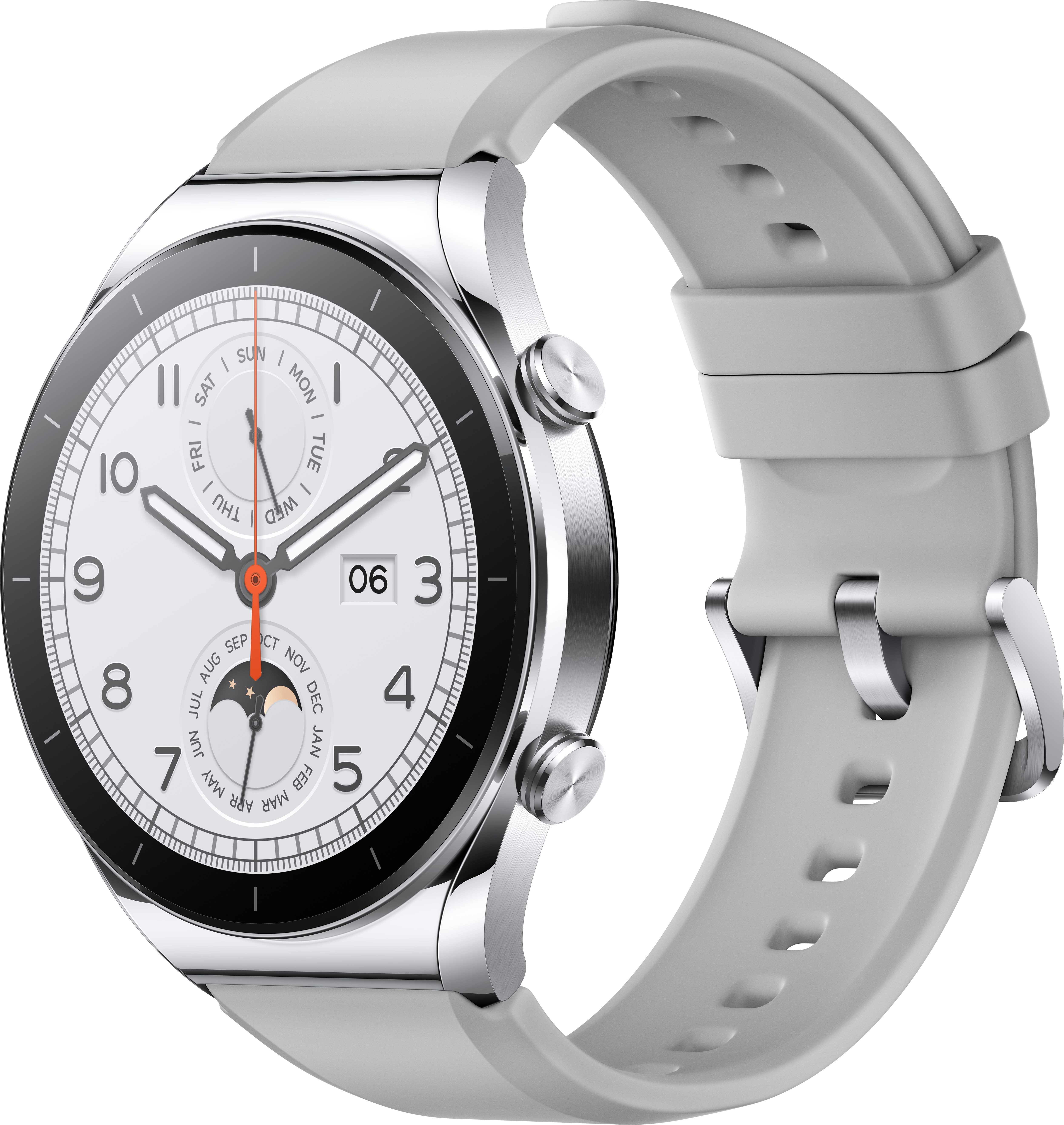A silver smartwatch with a white face, black bezel, gray strap, and date display. The time shows 10:17.