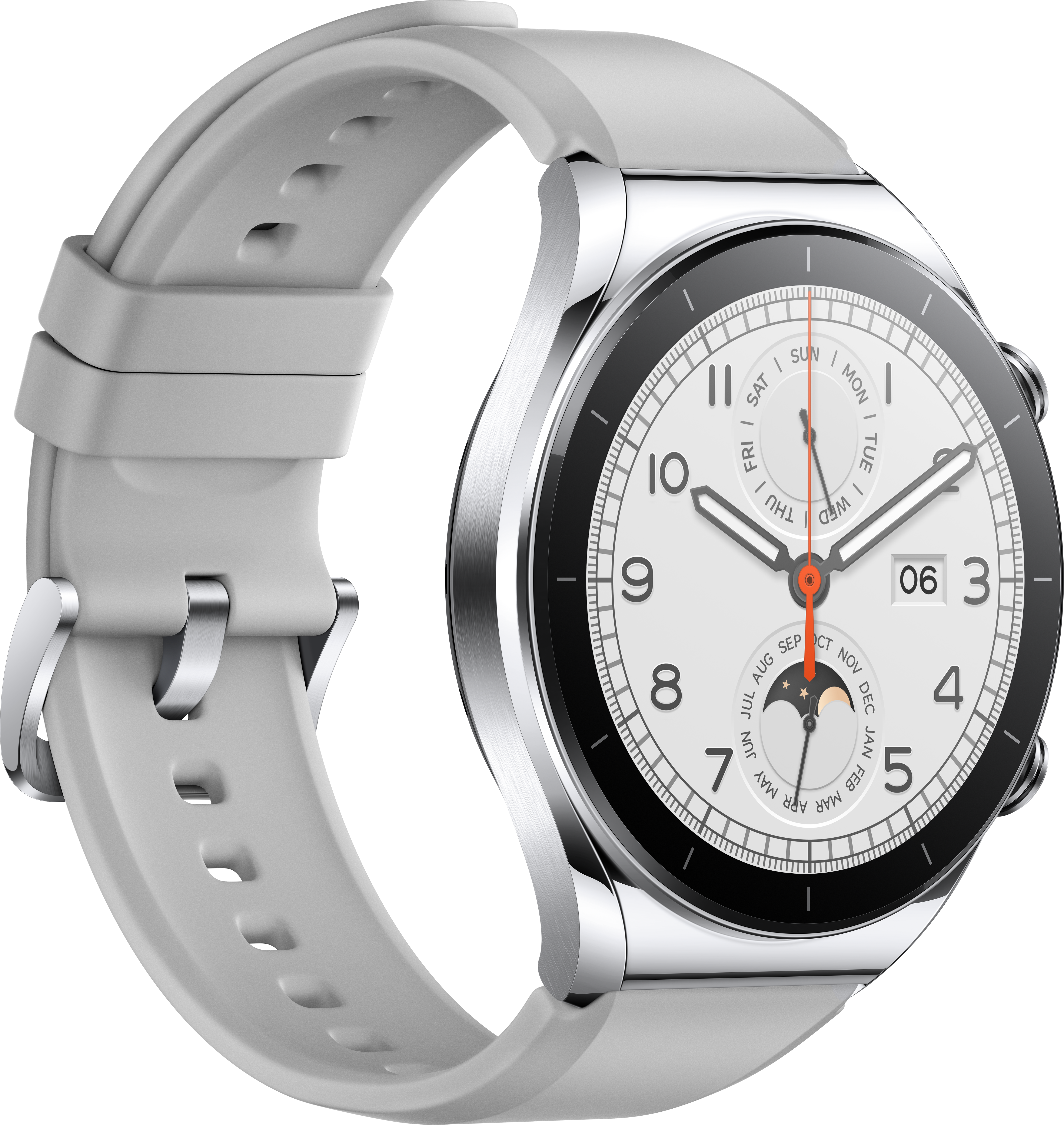 A close-up of a silver smartwatch with a white face, displaying the date and time.