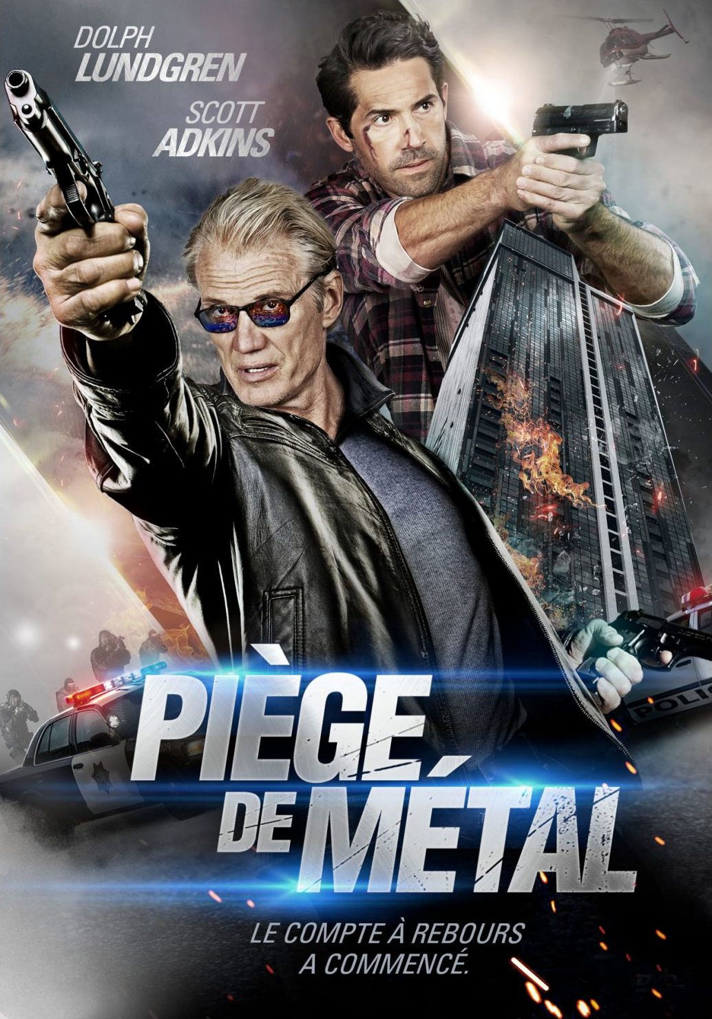 Filmposter: Dolph Lundgren en Scott Adkins richten wapens. Titel: Metal Trap.