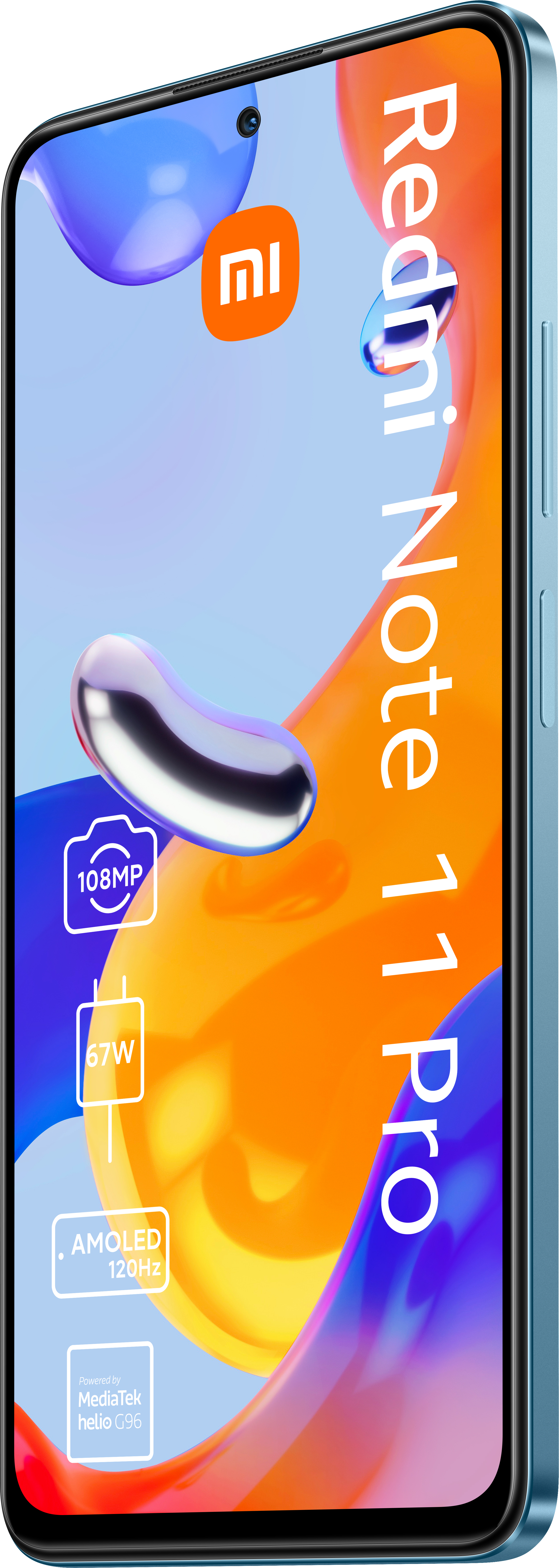 Blaues Smartphone mit Kameradetails, Text 'Redmi Note 11 Pro' und Xiaomi-Logo.