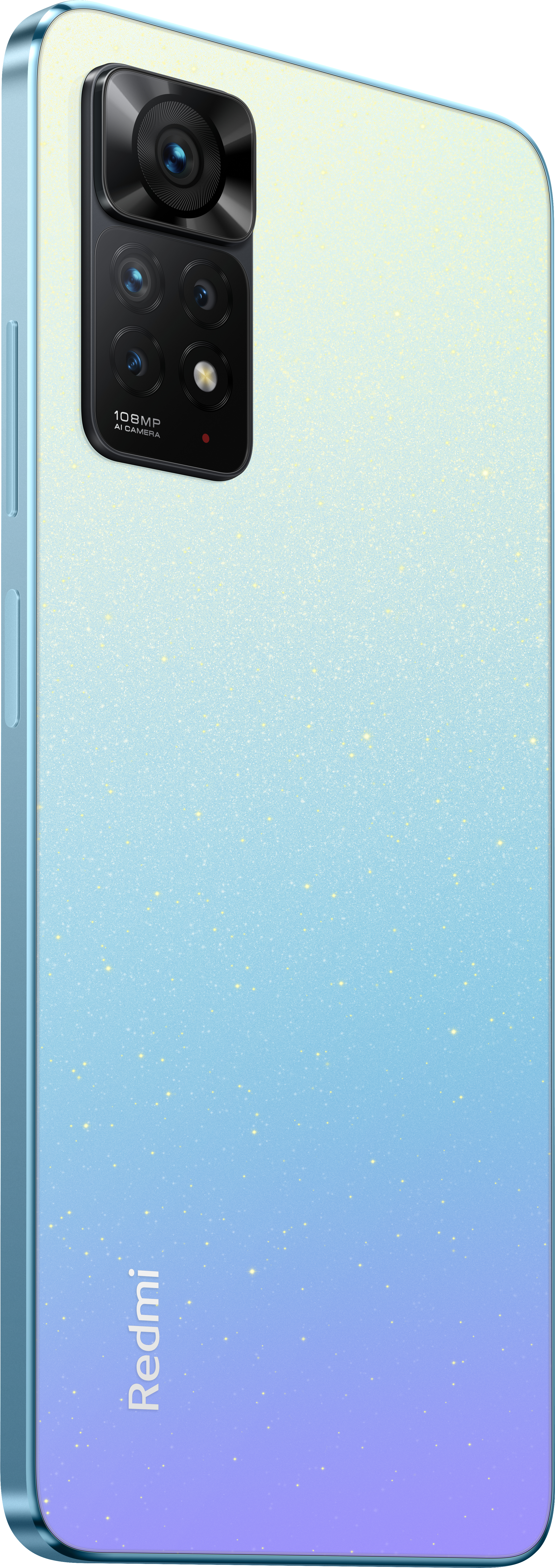 Ein blaues und weißes Gradienten-Telefon mit drei Kameralinsen, das Redmi-Logo ist sichtbar.