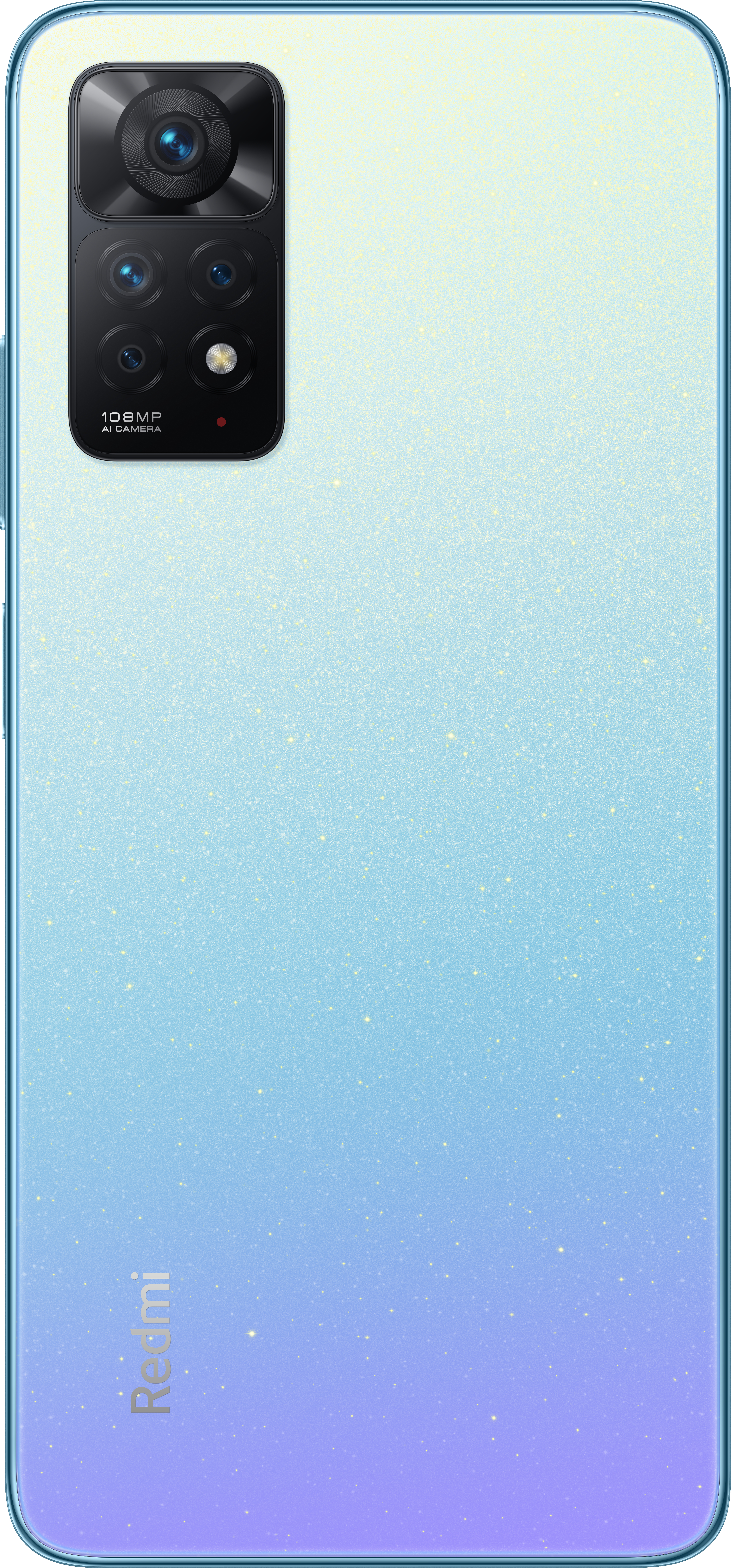 Rückseite eines blau-weiß-verlaufenden Telefons mit mehreren Kameras und dem Redmi-Logo.
