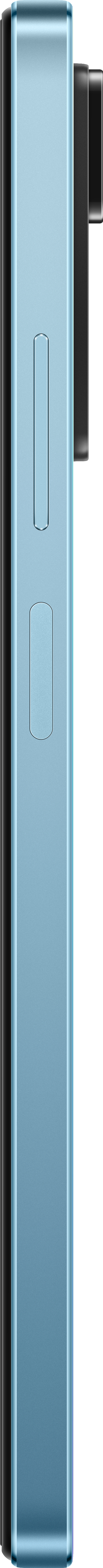 Seitenansicht eines blauen Telefons. Das Gerät hat eine Kamera und eine Taste.