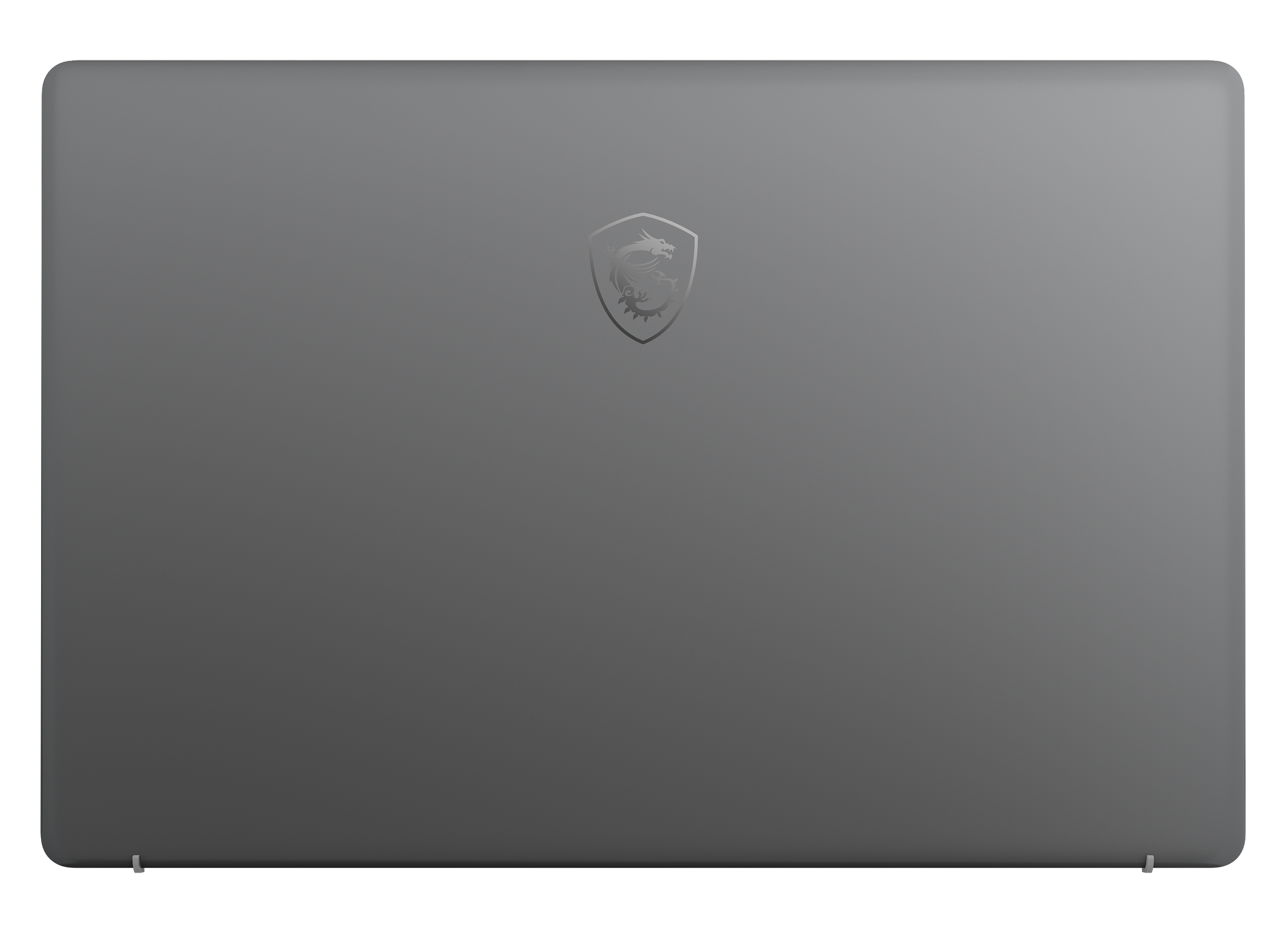 Geschlossener Laptop, zeigt die graue Rückseite mit einem Logo auf weißem Untergrund.