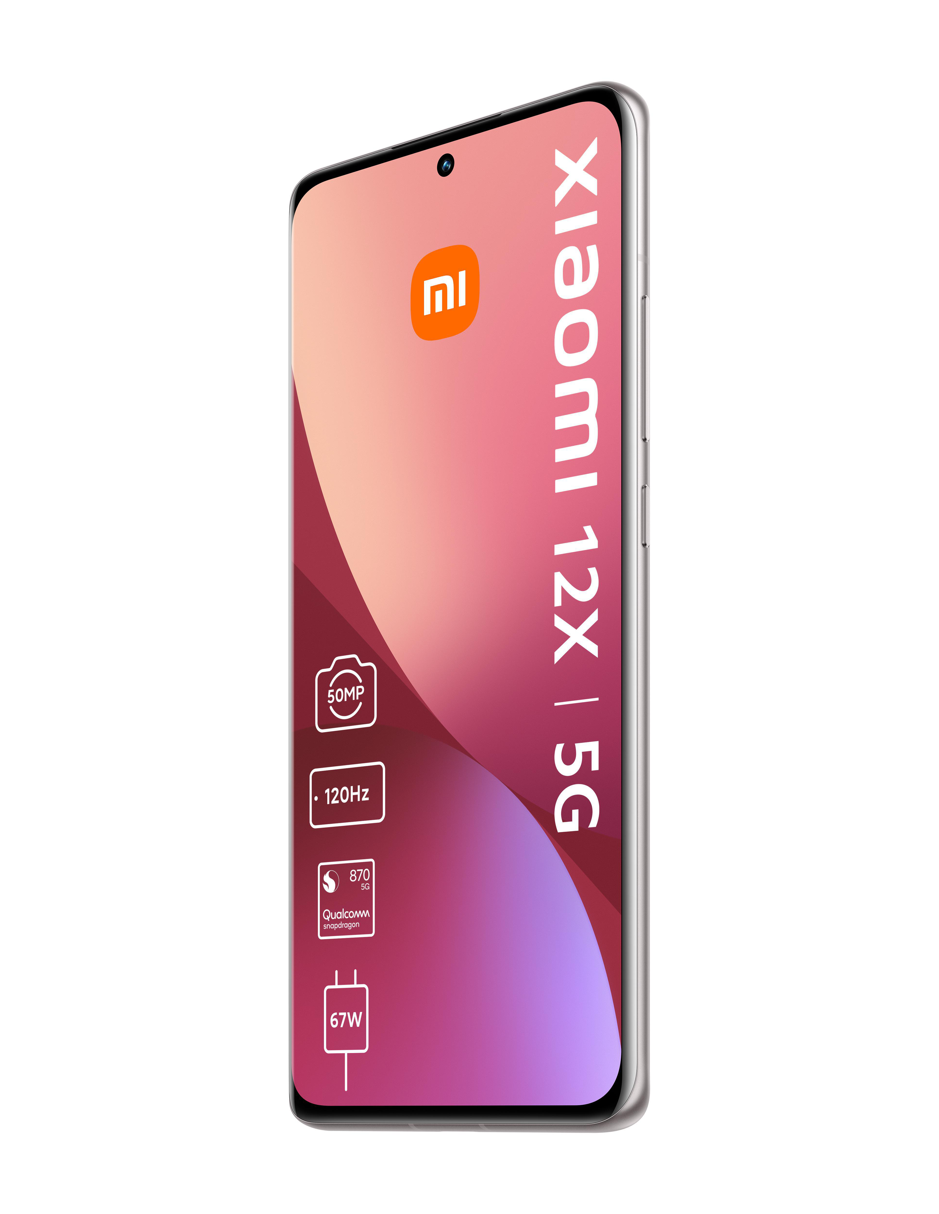 Smartphone mit Bildschirm, der Text und Symbole zeigt. Weißer Hintergrund. Das Telefon ist hinten weiß.