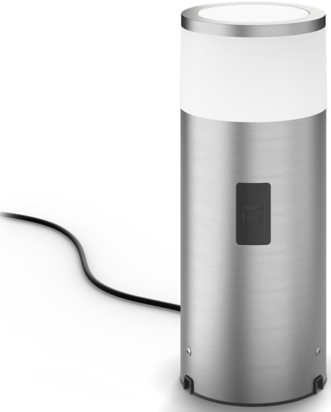 A silver cylindrical outdoor lamp with a white top and a black power cable.