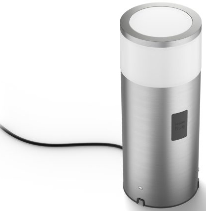 Silver smart outdoor lamp with a white top and black cable.