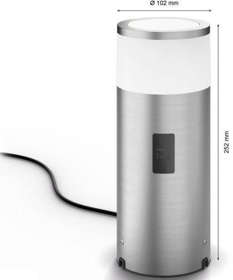 Silver, cylindrical Philips Hue outdoor lamp.