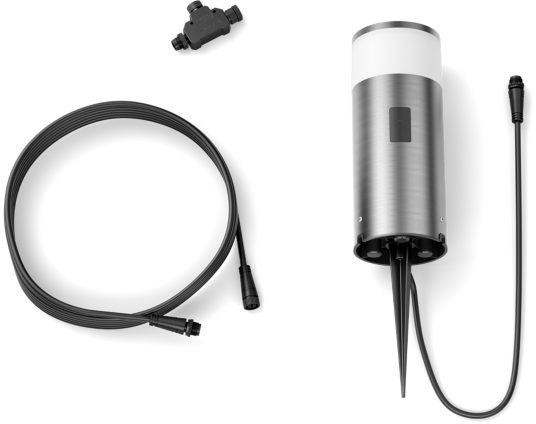 Outdoor lights setup with cable, connector, and lamp. Silver metal design.