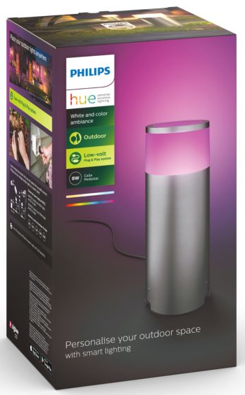 Philips Hue outdoor smart light box. The box shows a lamp with a pink and silver design.