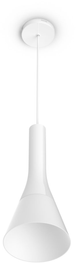 Lampe suspendue blanche avec abat-jour conique et câble fin au plafond.