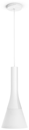 Une suspension blanche suspendue au plafond. La lampe est élégante et conique.