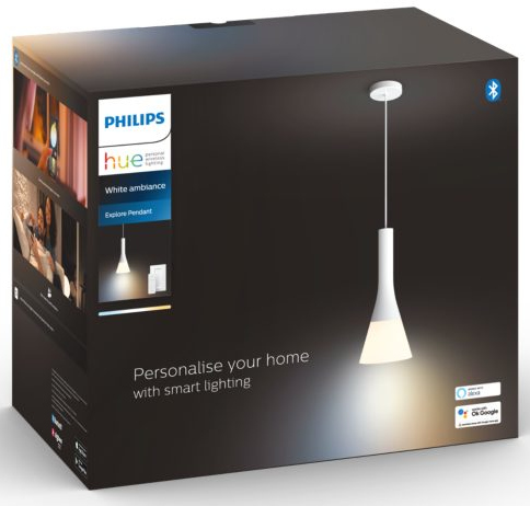 Boîte lumineuse Philips Hue blanche. Montre une suspension. Texte : Personnalisez votre maison avec un éclairage intelligent.