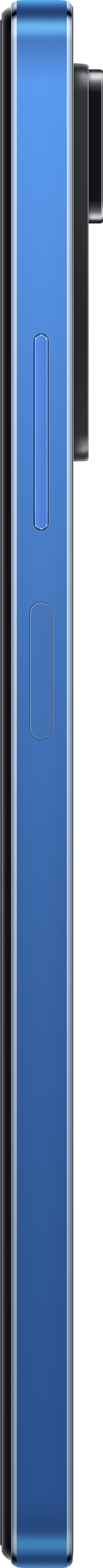Seitenansicht eines blauen Smartphones mit Kameraausbuchtung und Tasten. Vor schwarzem Hintergrund.