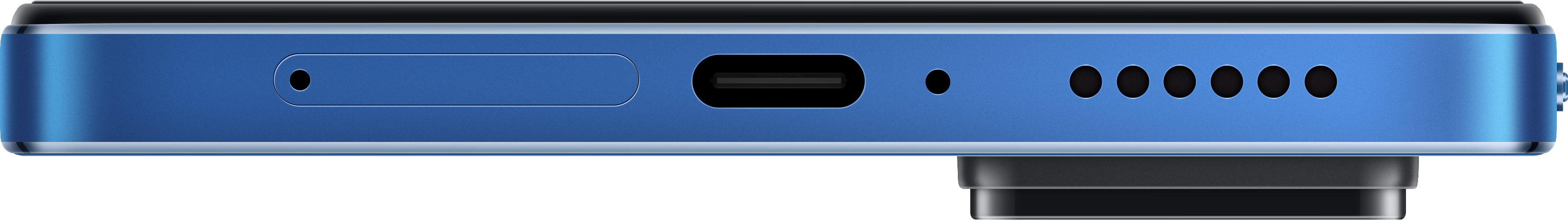 Nahaufnahme der Unterseite eines blauen Smartphones, die Ladeanschluss und Lautsprecher zeigt.