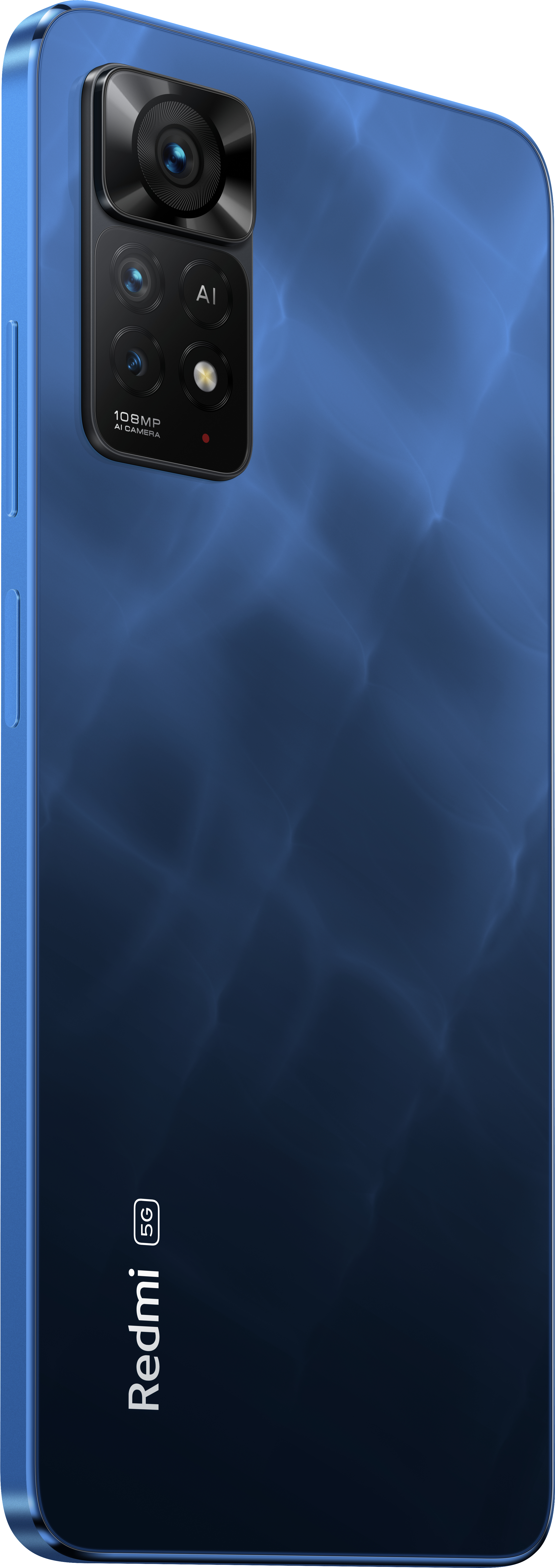 Blaue Xiaomi Smartphone-Rückseite mit Kameramodul und 5G-Logo.