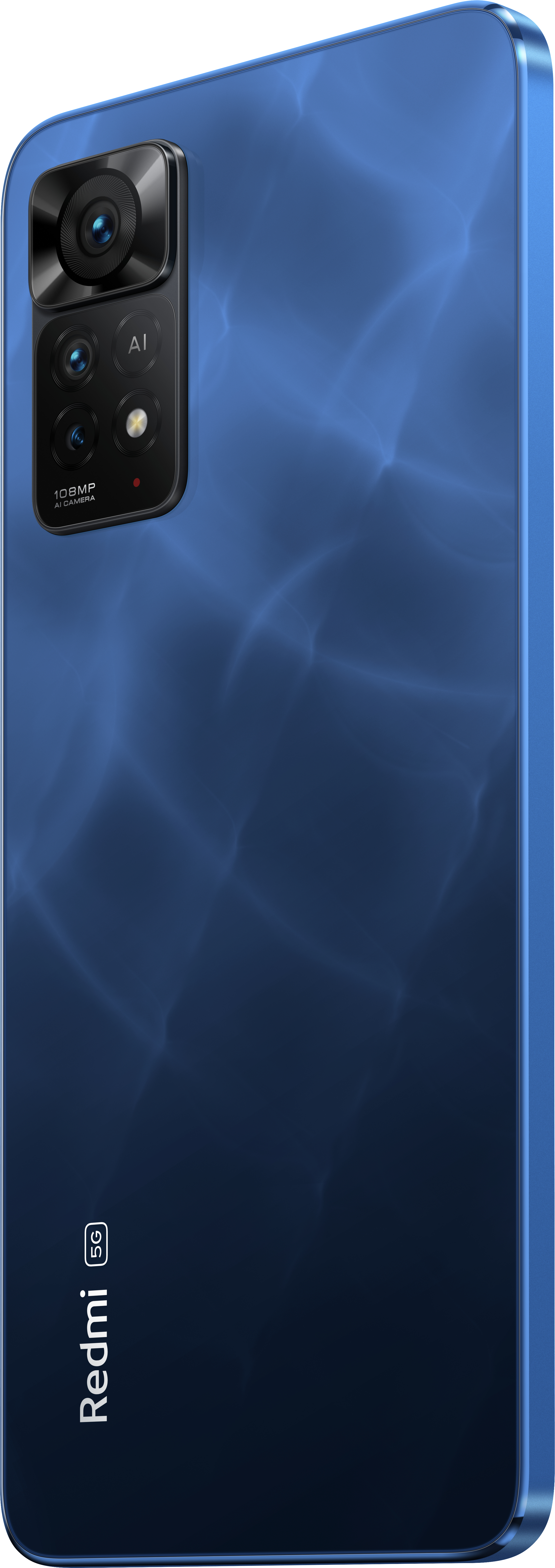Blaues Mobiltelefon mit Dreifachkamera und Redmi-Logo.