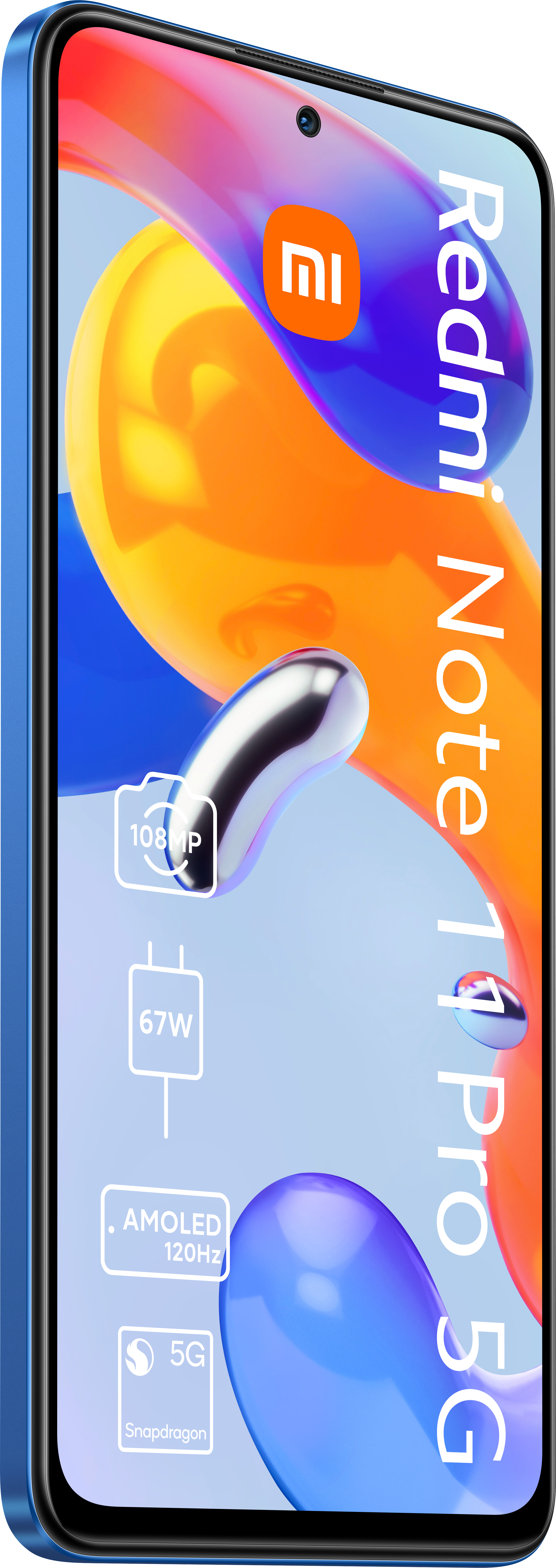 Blaues Xiaomi-Telefon mit großem Bildschirm, Produktdetails und weißem Text.