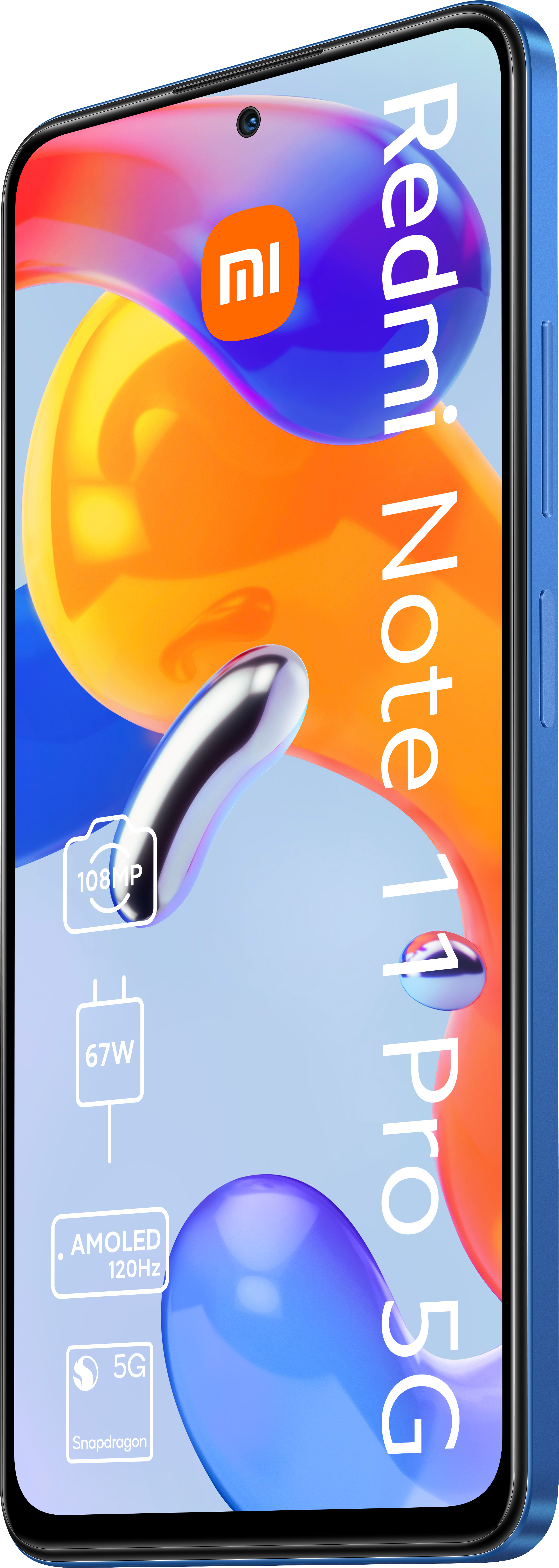 Ein blaues Xiaomi Redmi Note 11 Pro 5G Smartphone, Ansicht von der Seite. Funktionen werden auf dem Bildschirm angezeigt.