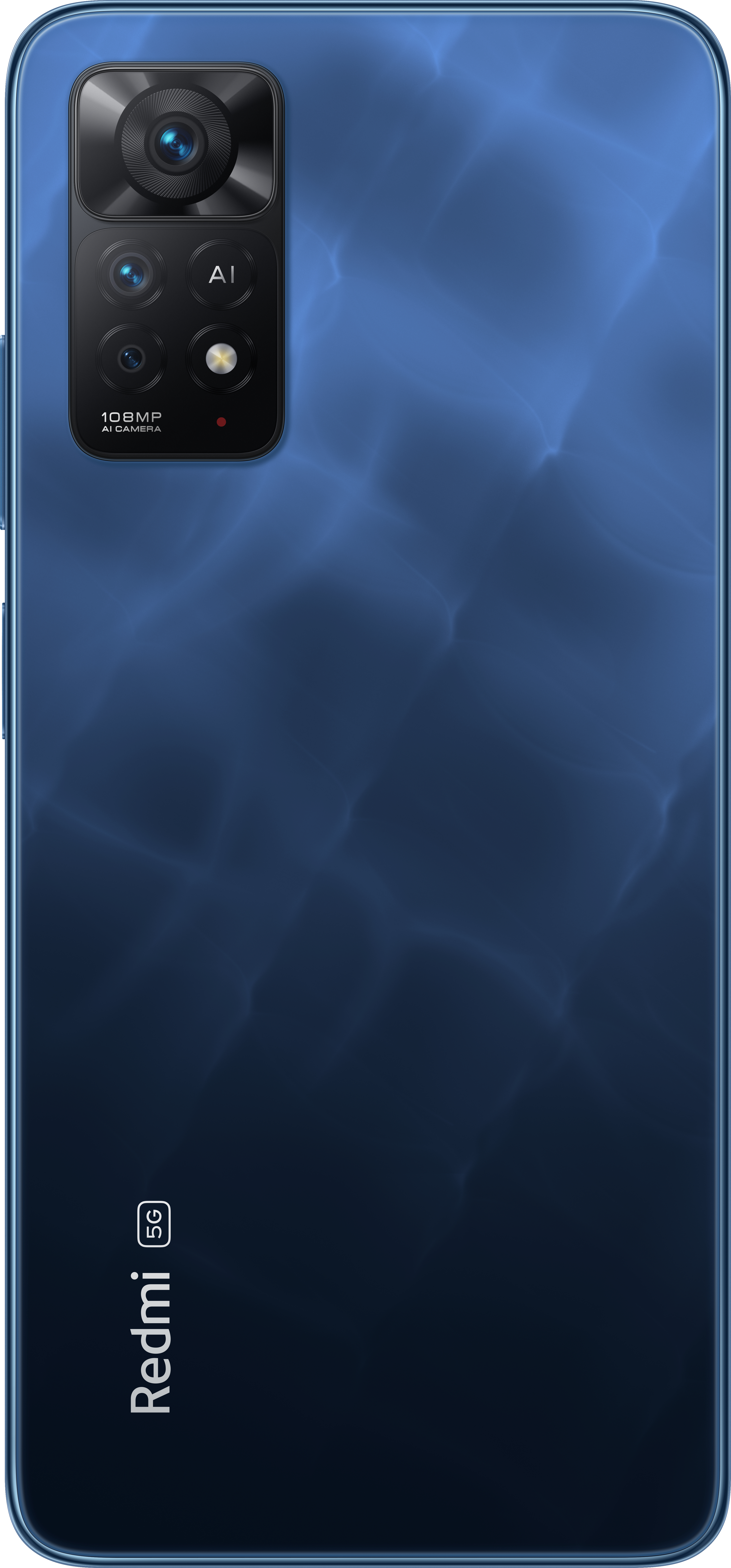 Blaue Telefonrückseite mit mehreren Kameras und Text: Redmi 5G.
