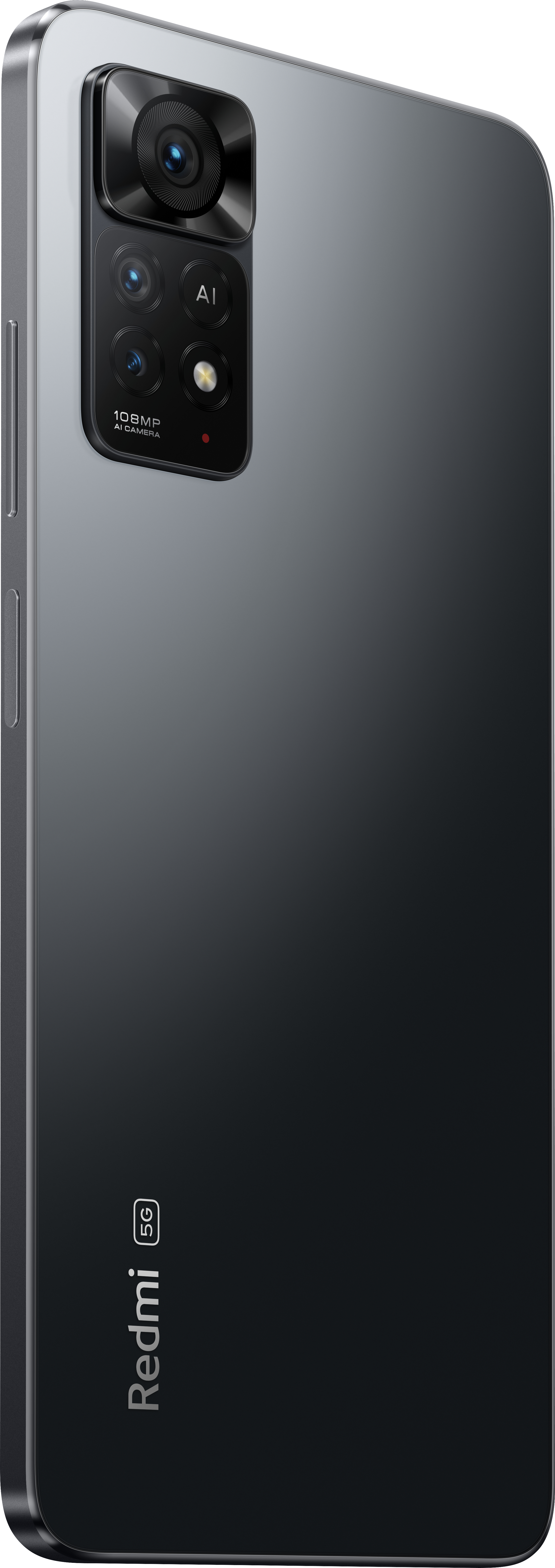 Schwarzes Smartphone mit Kameralinse. Rückansicht, grauer Farbverlauf, Redmi 5G-Logo.