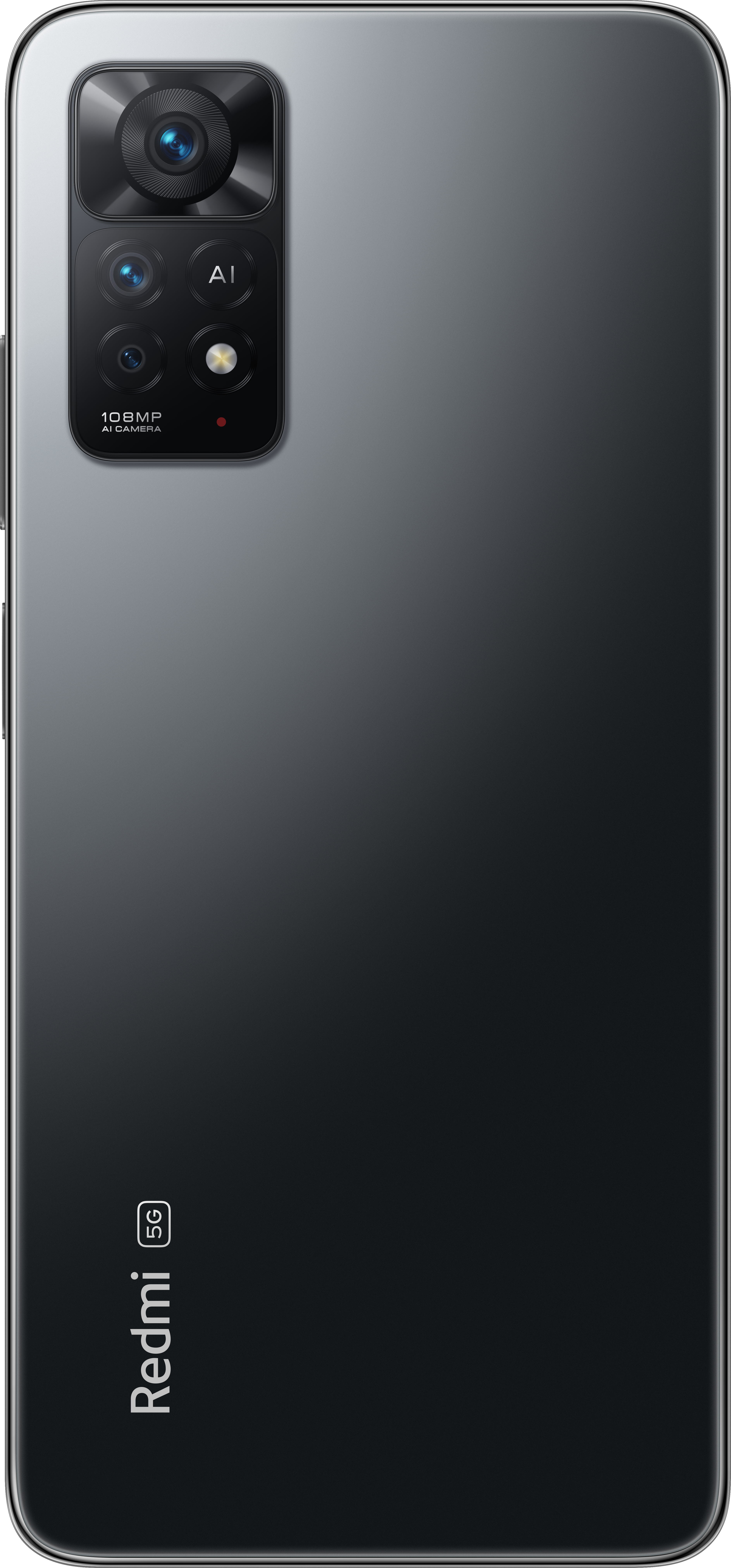 Rückseite eines grauen Telefons mit Kameramodul oben und Redmi-Logo unten.