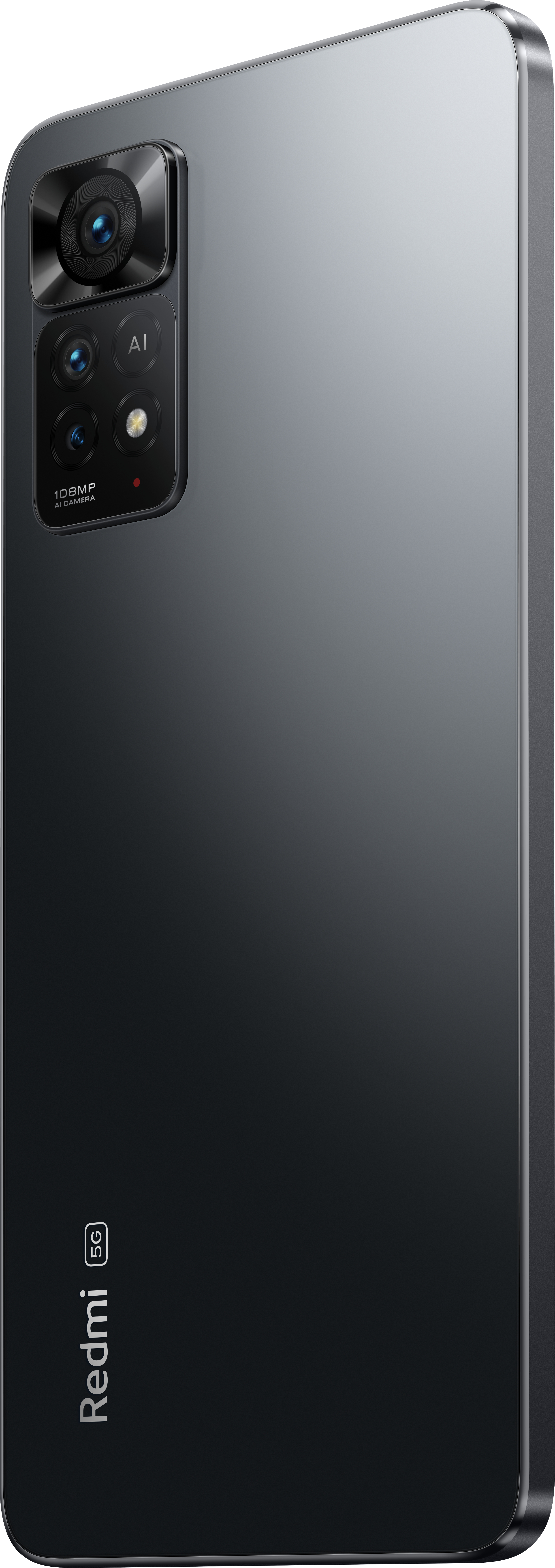Schwarzes Smartphone mit Kameramodul, dunkelgrauer Rückseite mit Redmi-Logo.