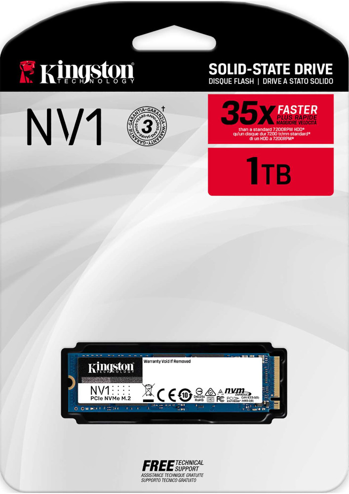 SSD Kingston NV1 1TB dans son emballage, avec texte décrivant les caractéristiques.