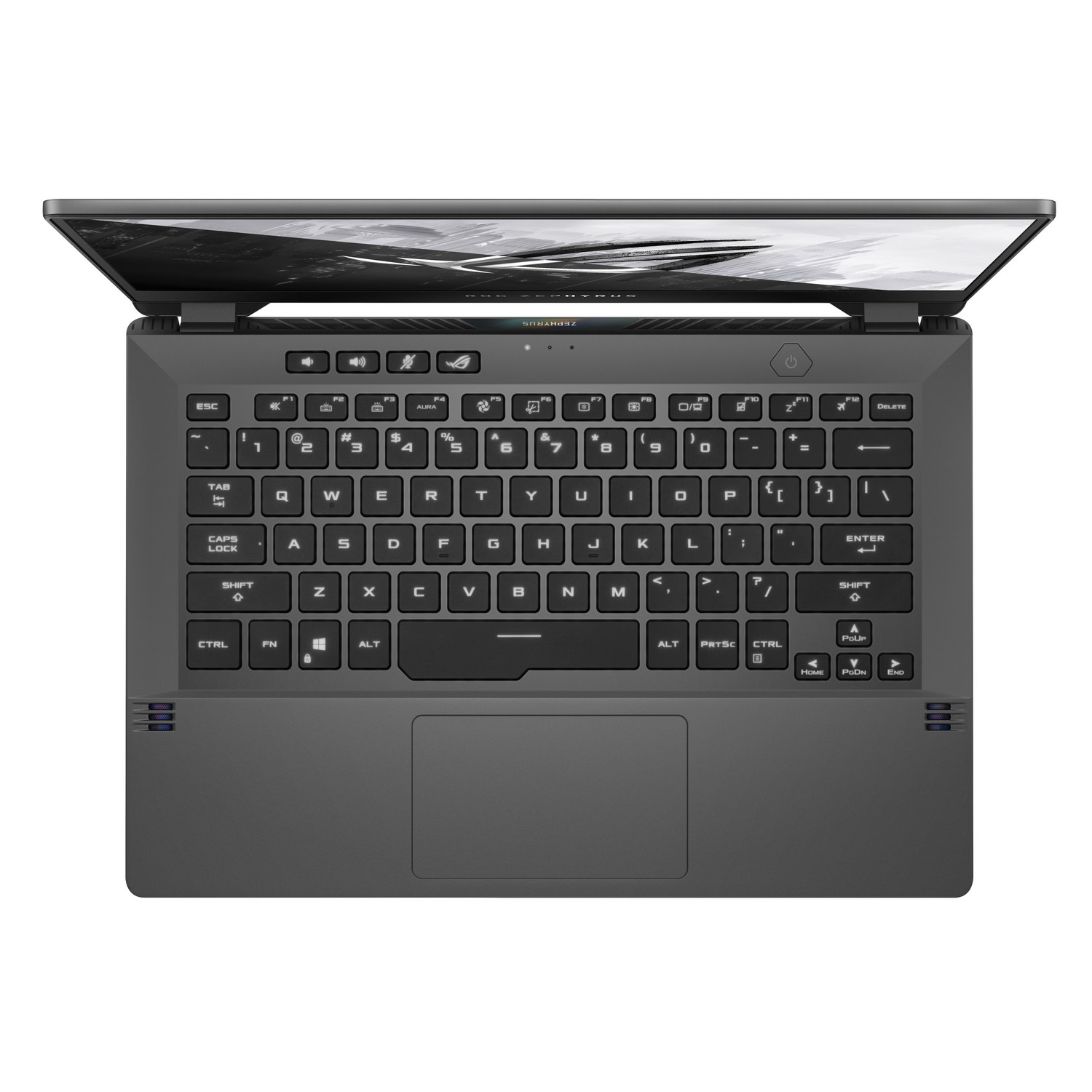 Teclado de portátil, vista superior. Superficie gris con panel táctil y teclado.