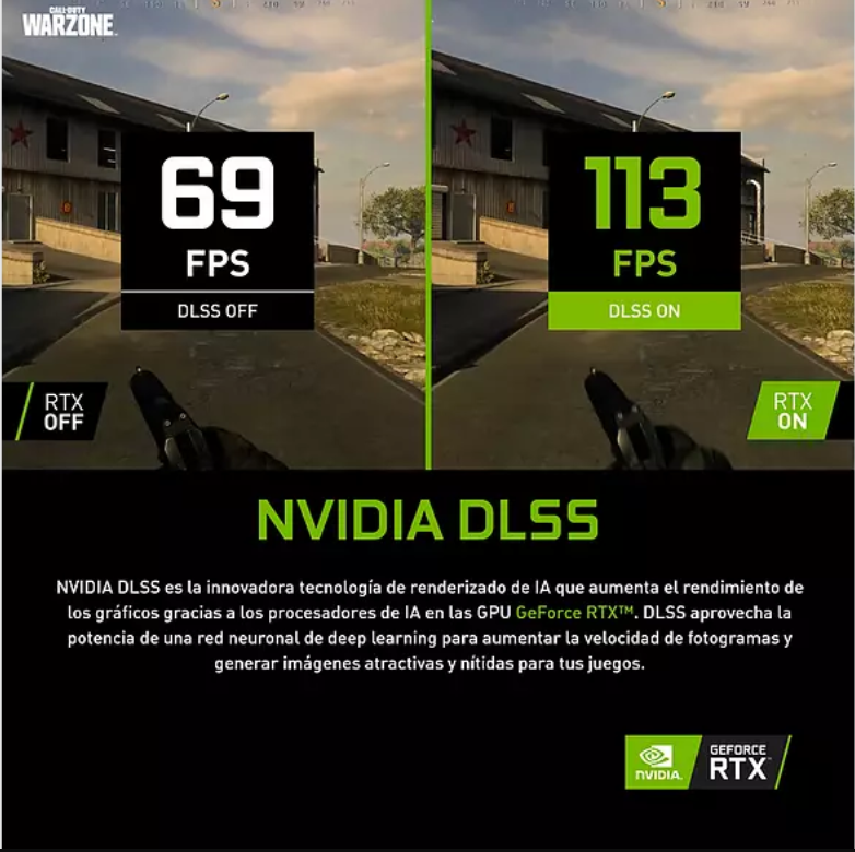 Comparación de FPS con y sin DLSS. Texto y logo de NVIDIA DLSS presentes.