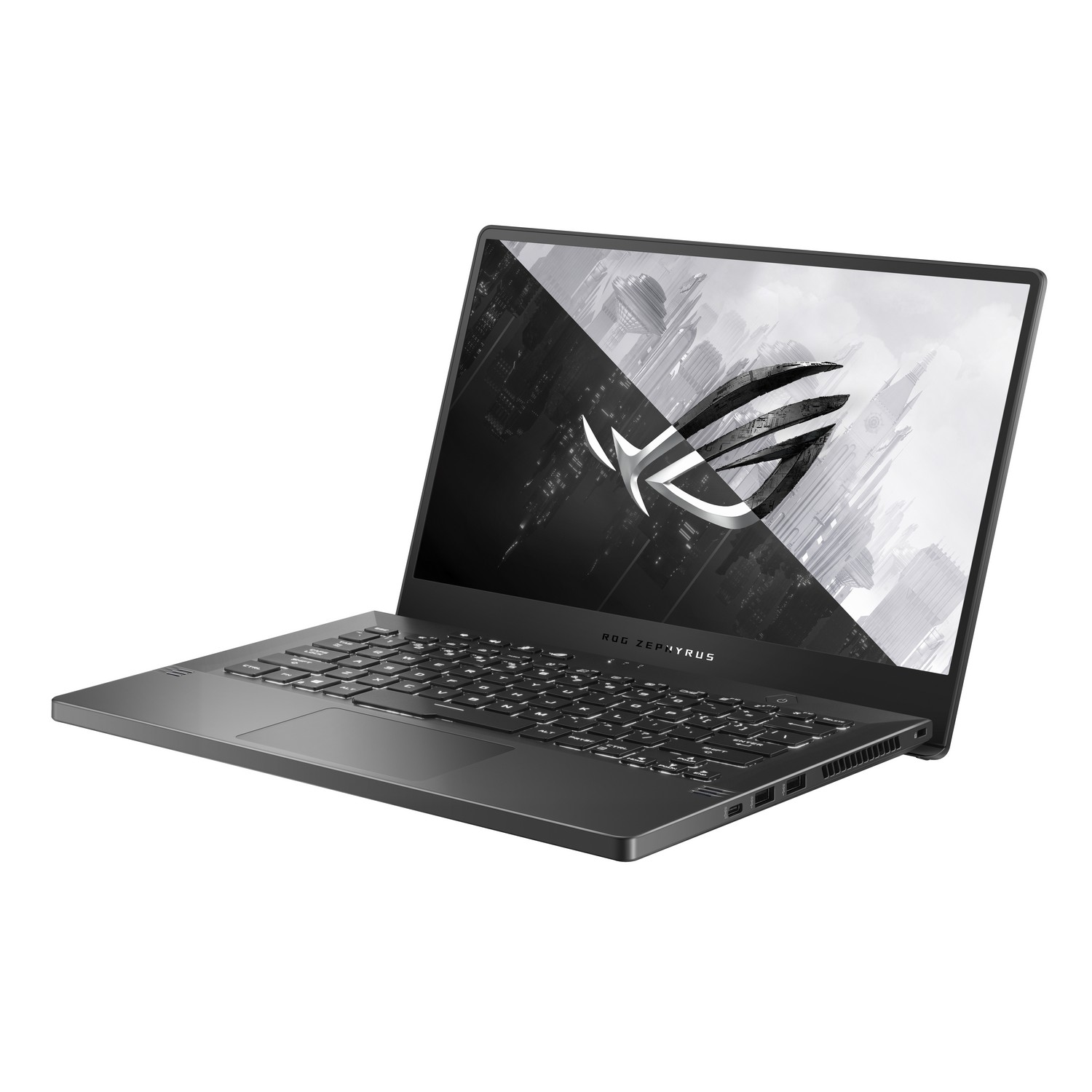 Portátil plateado sobre fondo blanco. La pantalla muestra el logo ROG Zephyrus.