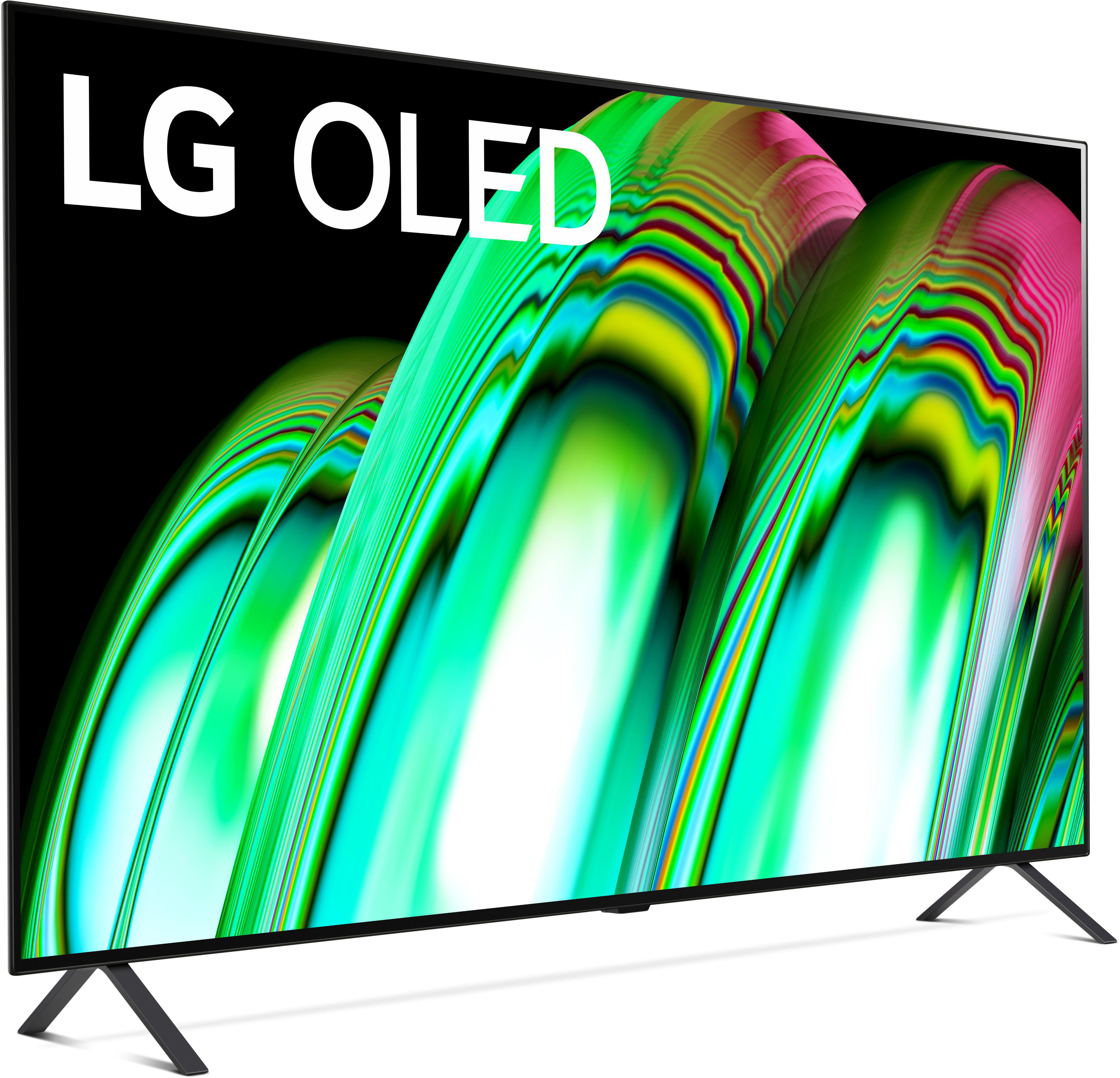 LG OLED TV mit schwarzem Hintergrund und farbenfrohen abstrakten Formen.