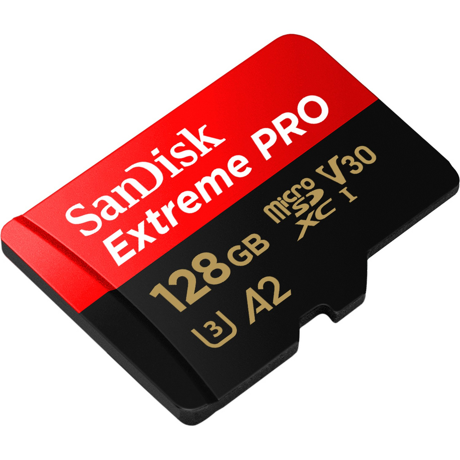 Una tarjeta microSD SanDisk Extreme PRO roja y negra con texto blanco, en ángulo sobre una superficie blanca.
