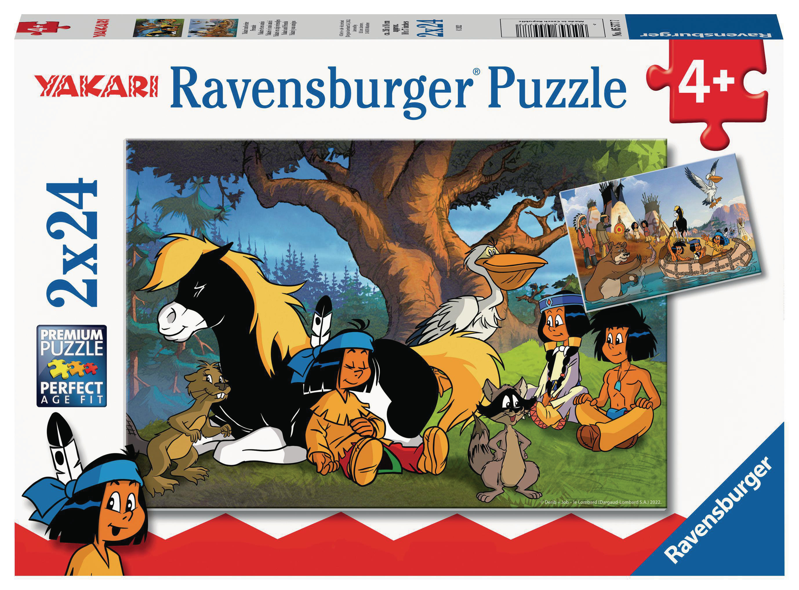 Eine Yakari Ravensburger Puzzlebox. Das Bild zeigt eine Zeichentrickszene mit Yakari und Freunden.