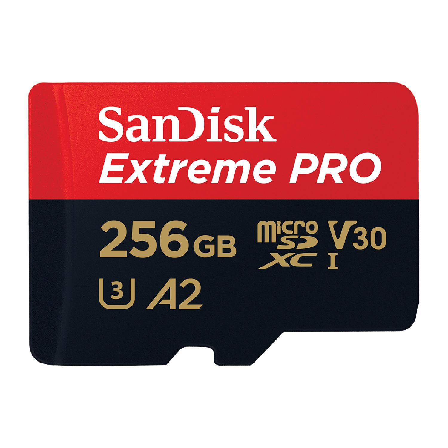 Una tarjeta SD SanDisk Extreme Pro roja y negra. Texto: 256GB, micro SD XC I, A2, V30.