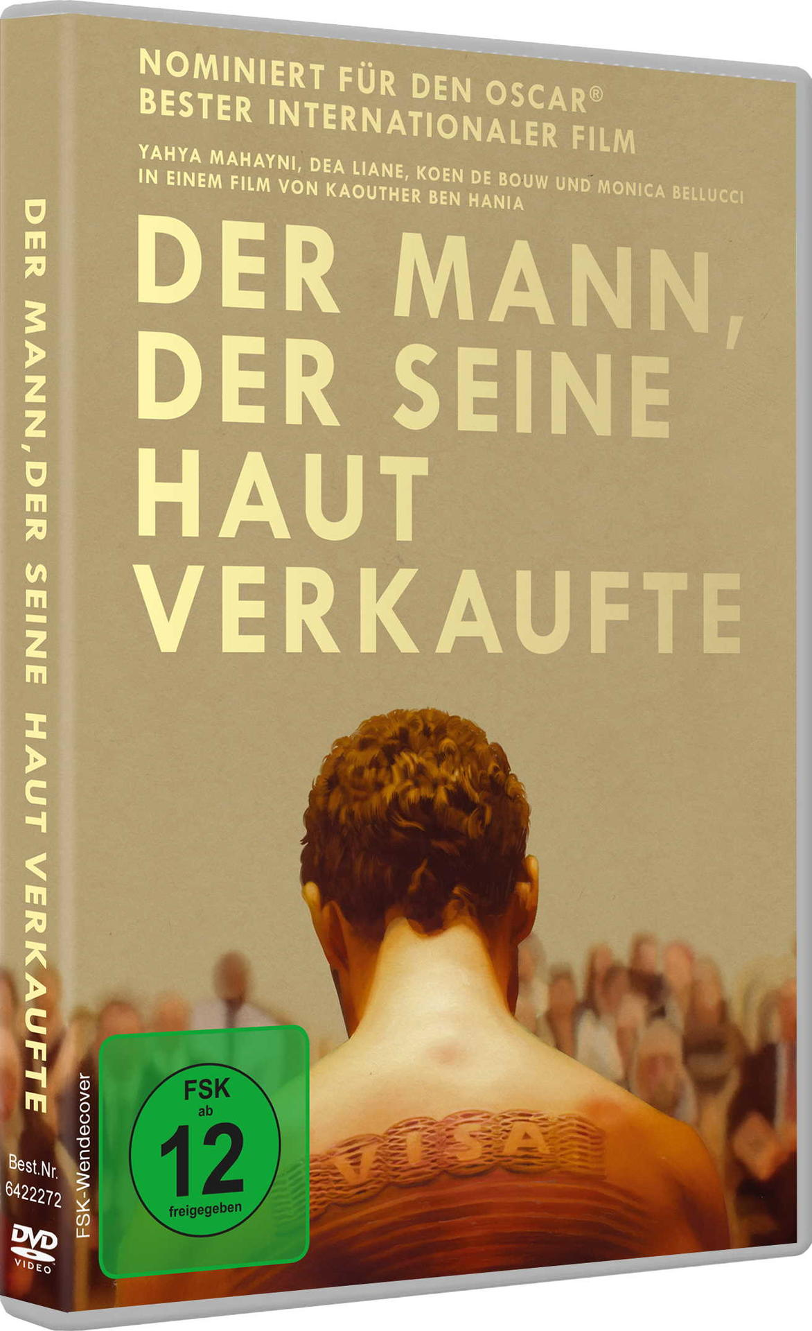 DVD-Cover von 'Der Mann, der seine Haut verkaufte'. Ein Mann mit Tattoo auf dem Rücken.