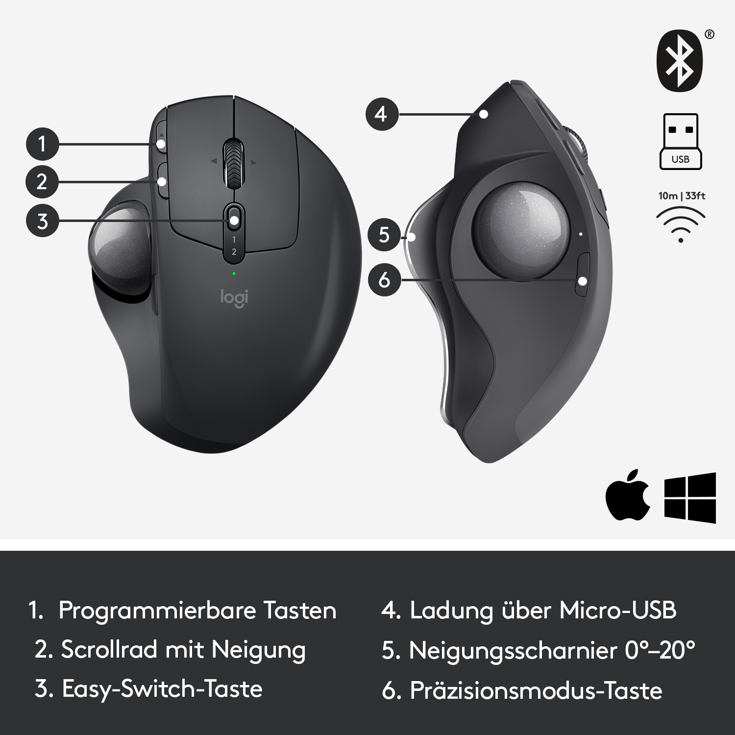 LOGITECH Wireless Schwarz Advanced MX Maus, ERGO, ergonomisches Trackball Design,