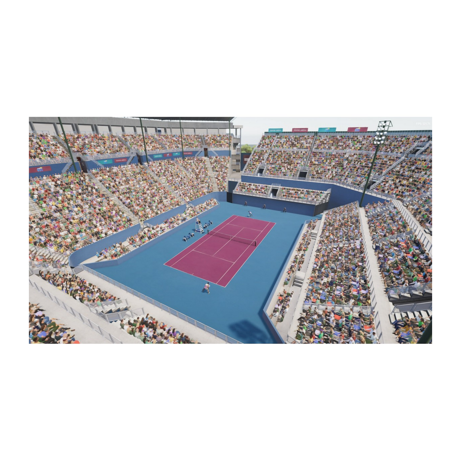 Estadio de tenis con gente en las gradas y jugadores en la cancha jugando al tenis.