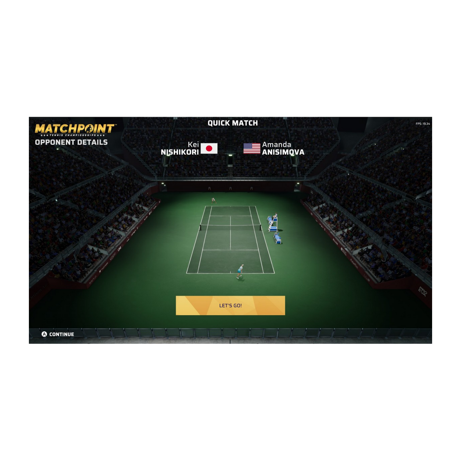 Pantalla de juego de tenis. Jugadores Kei Nishikori y Amanda Anisimova. Se ven las palabras ¡Vamos!