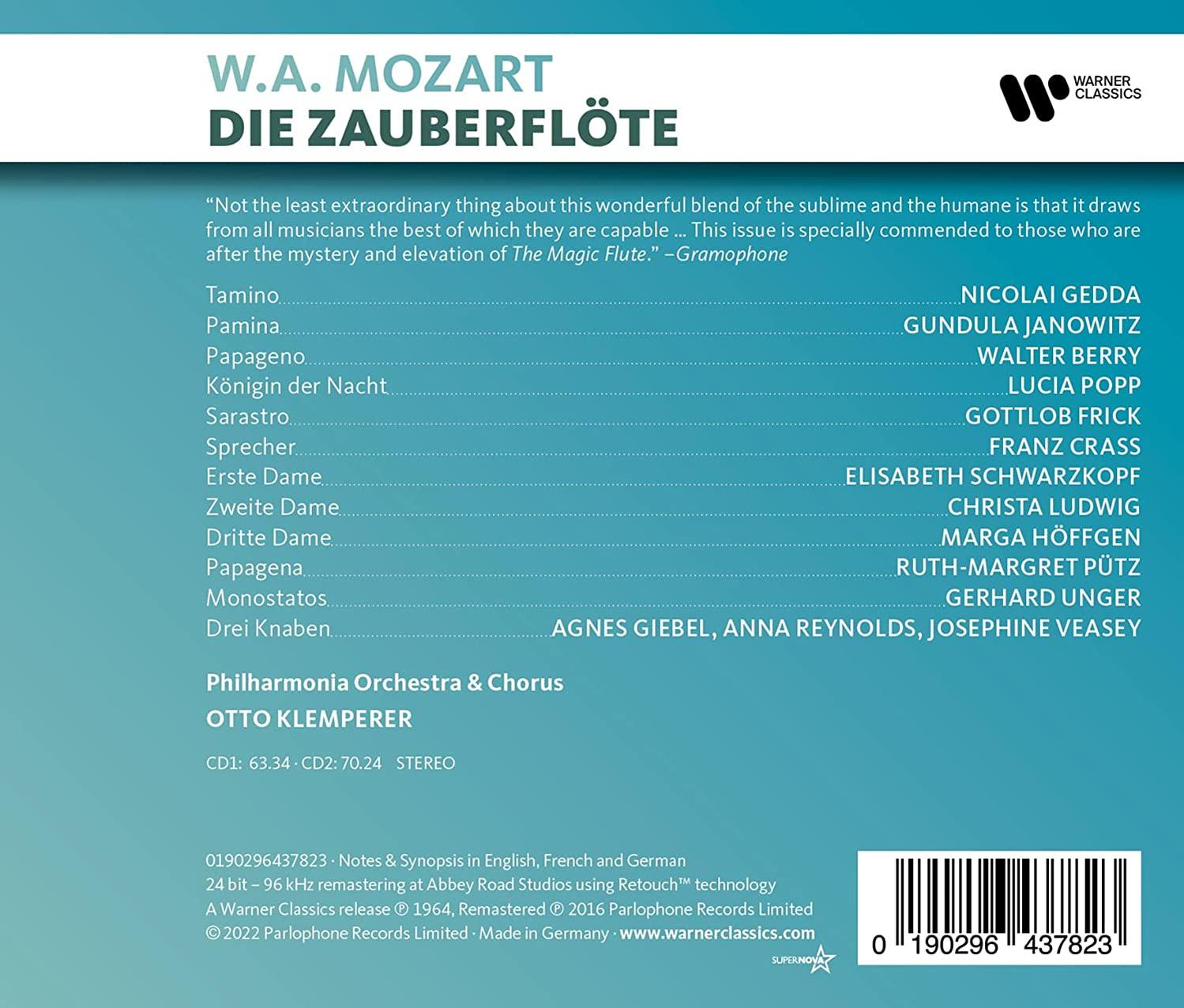 Albumcover von W.A. Mozarts Die Zauberflöte Oper mit einer Liste von Namen.