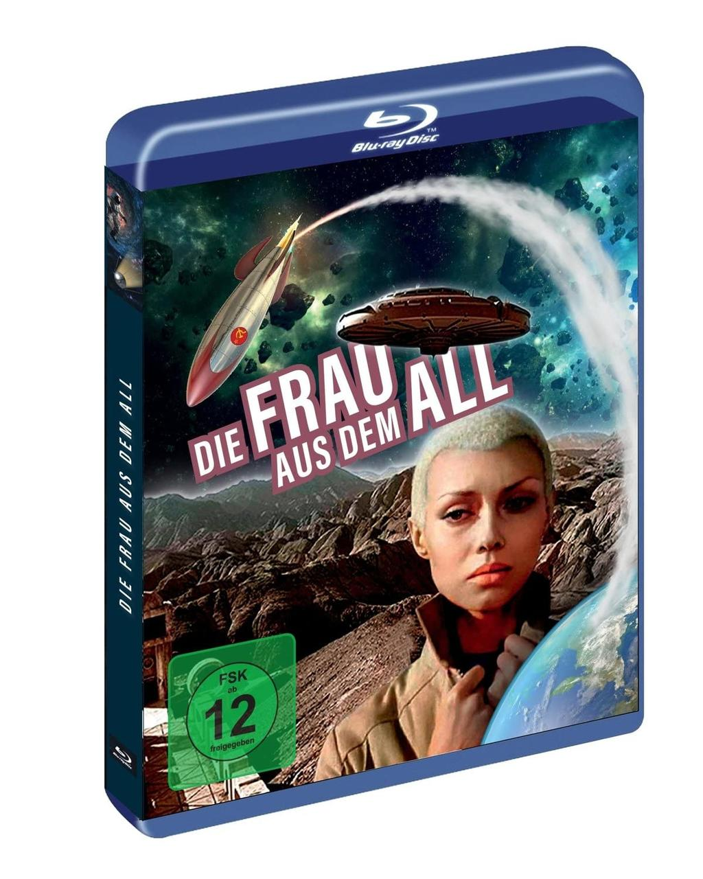 Blu-ray-Disc-Cover. Frau auf einem Planeten, Weltraumhintergrund, Rakete und UFO. Deutscher Text und Bewertung.